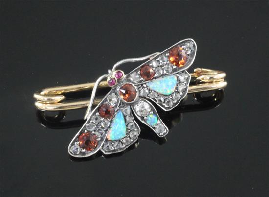 A late Victorian style gold, white opal, rose cut diamond and gem set bug bar brooch, bug 31cm